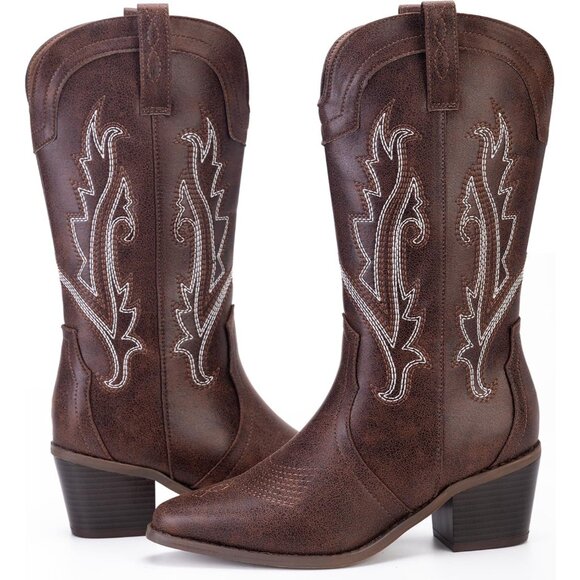 Women's Vintage Dark Brown Embroidered Mid Calf Chunky Western Heel Boots - Picture 5 of 7